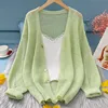 Green Mohair Knitted Cardigans Women Spring Autumn Single Breasted Thin Hollow Out Sweater Coats Gentle Elegant Soft Tops 1