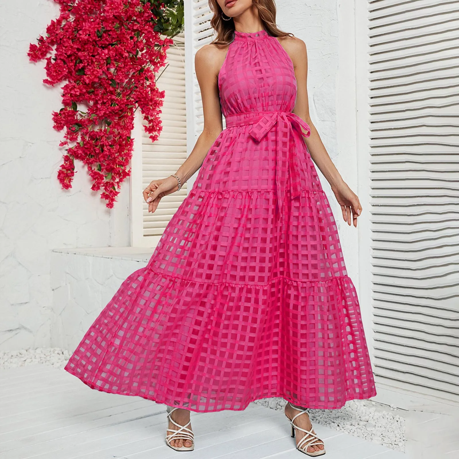 

Grid Hollow Long Dress for Women Halter Sleeveless with Belt Elegant Female Dresses Summer Vintage Casual Beach Vestido 2023