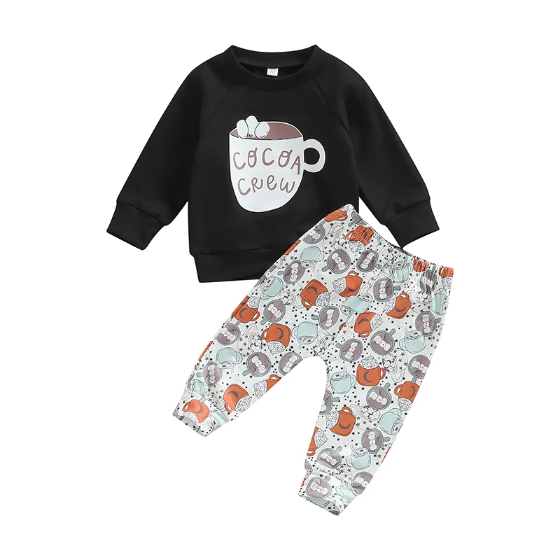

0-24M Baby Girls Boys Outfit Christmas Cup Print Long Sleeve Pullover Sweatshirt Tops and Stretch Casual Pants Set Fall Clothes
