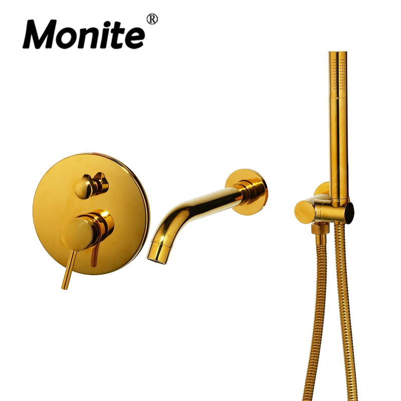 Luxury Golden Plated Wall Mounted Hand Shower Bathroom Bathtub Basin Sink Brass Faucet Mixer Taps Gold Shower Set