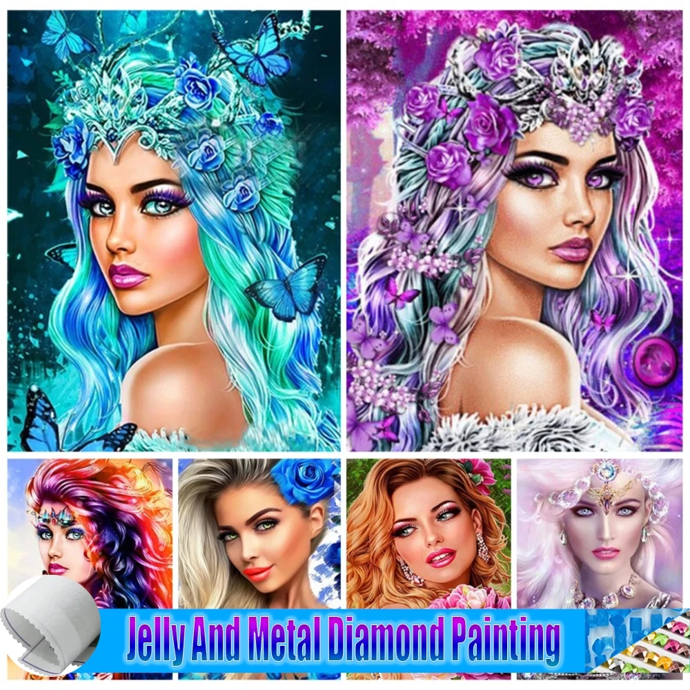 

Jelly And Metal Diamond Painting Girl Portrait Cross Stitch Kits DIY 5D Diamond Mosaic Full Drill Rhinestone Picture Home Decor