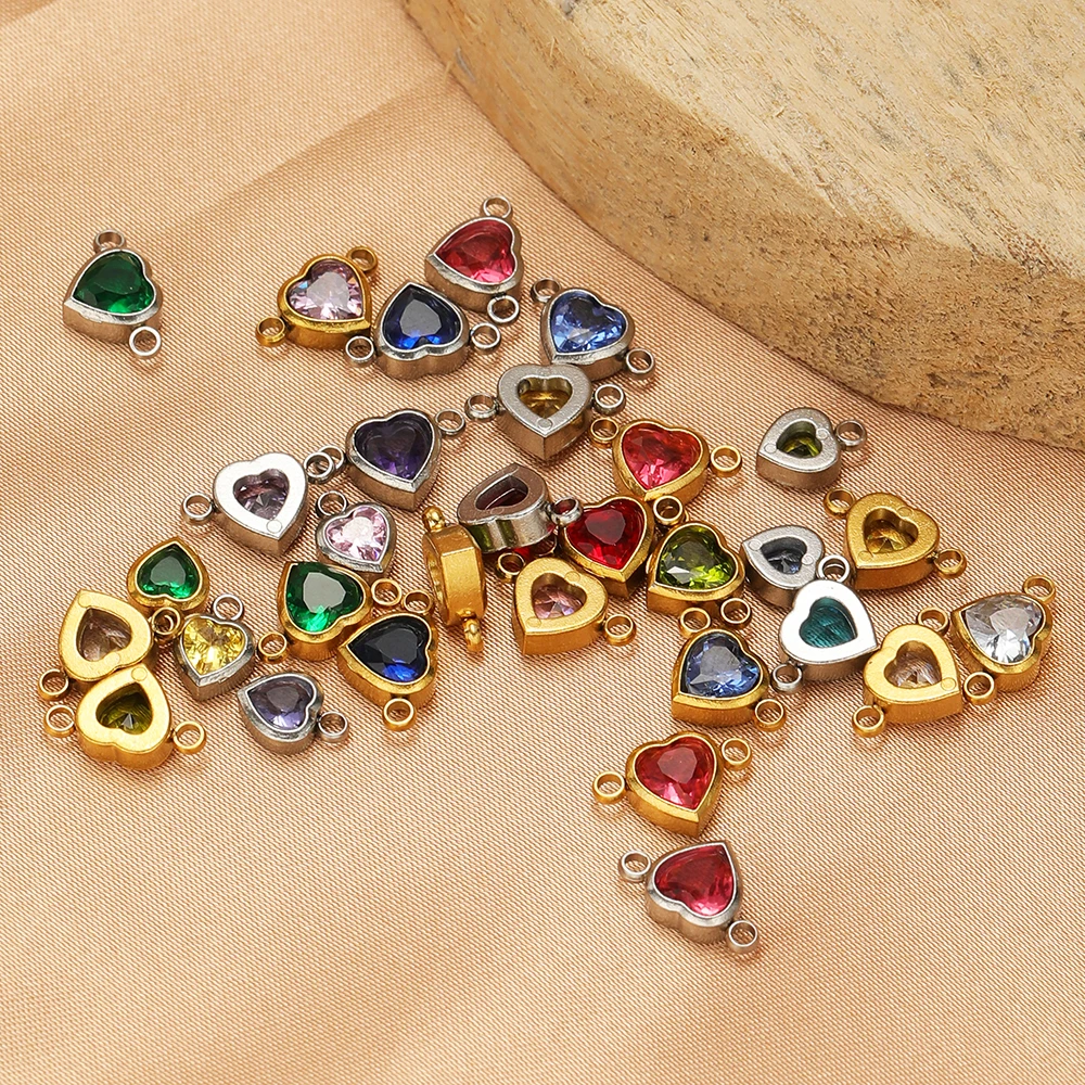 10 Stück Edelstahl 12 Monate Geburtsstein Herz Zirkon Charms Verbinder DIY Schmuckzubehör Halskette Armbänder Ohrringe Herstellung – Detail 3