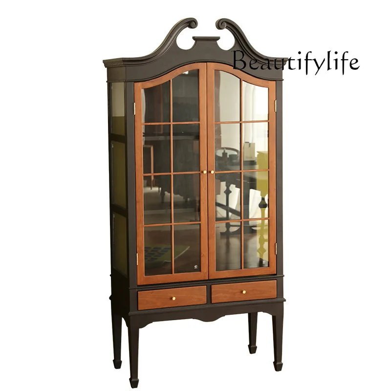 

French Nanyang Retro American Solid Wood Glass Bookcase Republic of China Style Shanghai Style Display Wall Cabinet