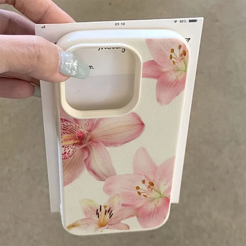 รูปสินค้า เคสโทรศัพท์ลายดอกลิลลี่ สีชมพู สำหรับ iPhone 16/17/15/14/13/12/11 Pro Max หนังวินเทจ ป้องกันอย่างดี