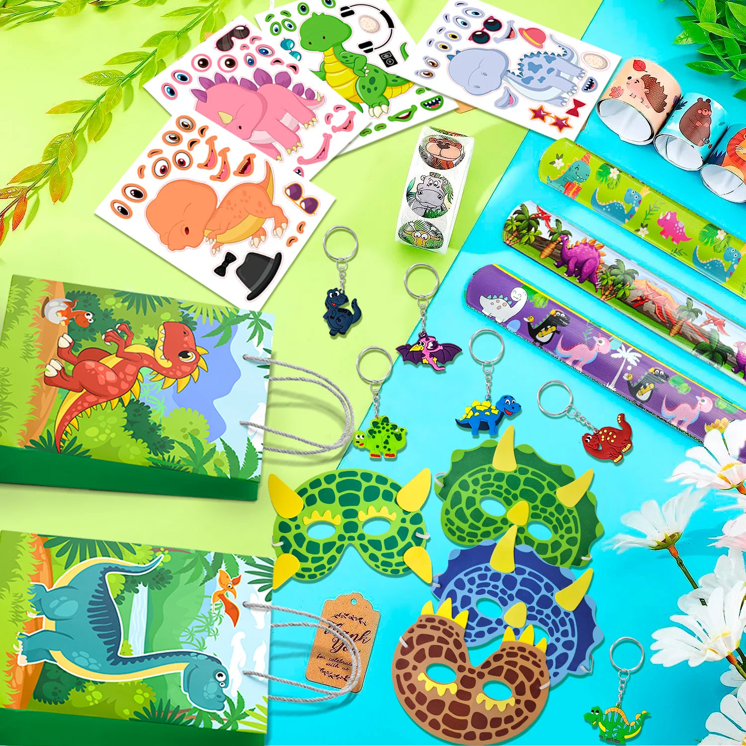 Dinosaur Party Favors for Kids, 96pcs All-in-One Dinosaur Birthday Party Favors Set - Bags Keychains Stampers Stickers Toys etc - Image 3