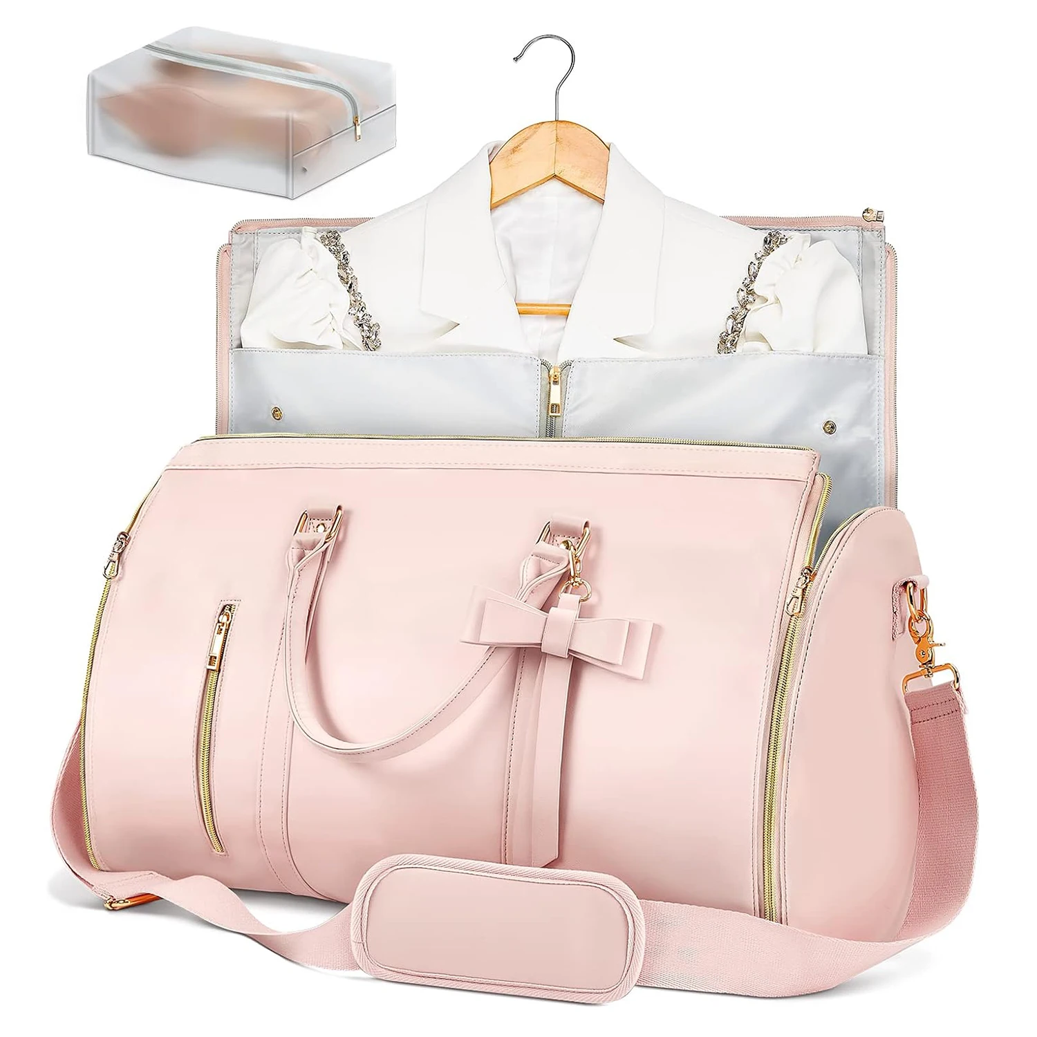 Women Trendy Travel PU Leather Suit Garment Bags Storage Duffle Tote Bags with Butterfly Tie