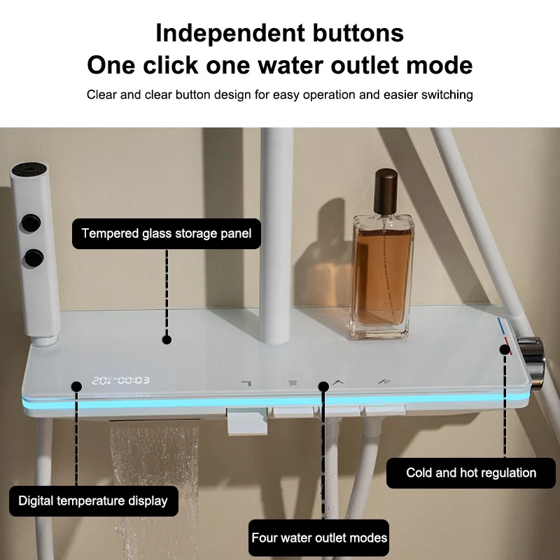 Shower System Set Modern Showers For Bathroom Piano Button Ambient Light  Brass Glass Shelf Shower Digital Display Shower Set 3