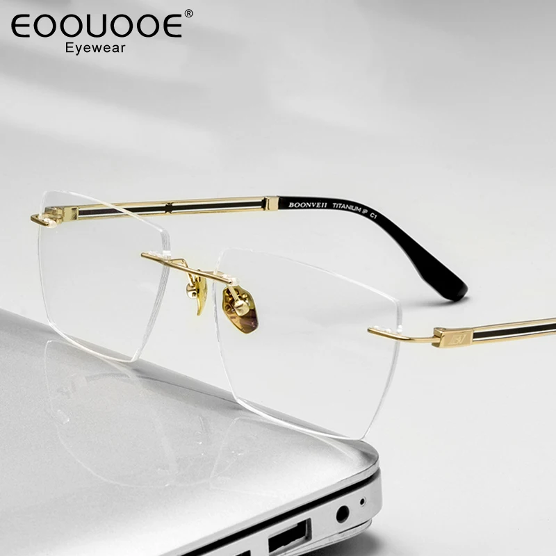 

55mm Titanium Rimless Eyeglasses Men's Gold Glasses Frame Myopia Anti-Reflection Blue Light Optics Prescription Progression Lens