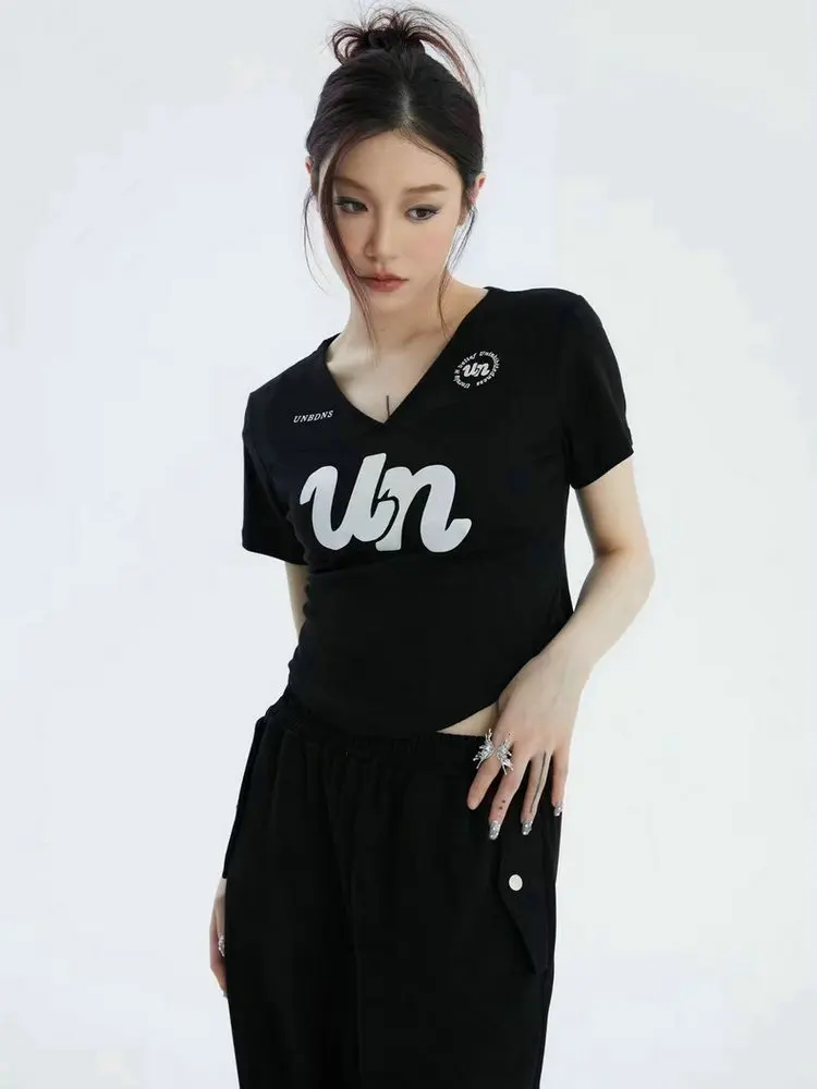 

Beauty Summer Solid Color Sexy Party Short Sleeve Female Niche Design Letter V-neck High Waist T-shirt Girl Youth Inner Match
