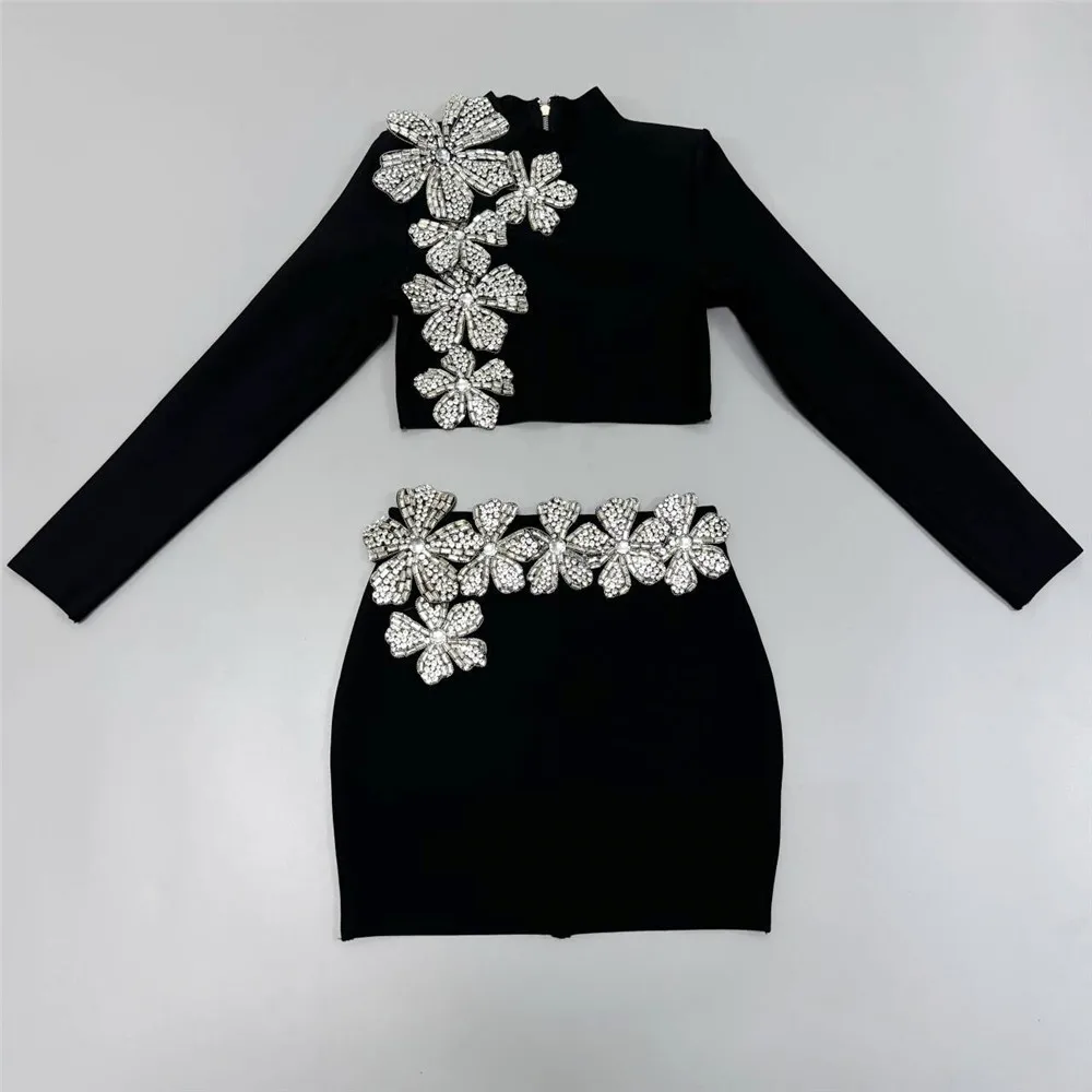 2024 New Autumn Women Bandage Sets Sexy Beading Long Sleeve Tops Mini Skirt Club Party Outwear Two Pieces Sets 2
