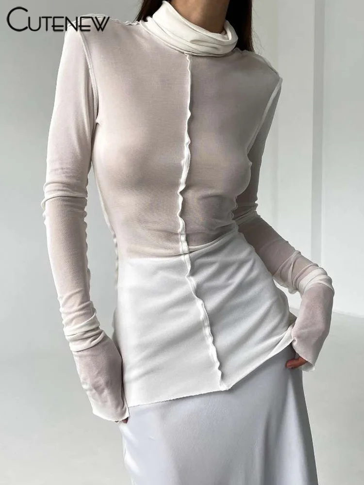 Solid Thin Sheer Autumn Women T-shirts Classic Ruched Trim High Collar Full Sleeve Basic Tees Female All-matched Tops