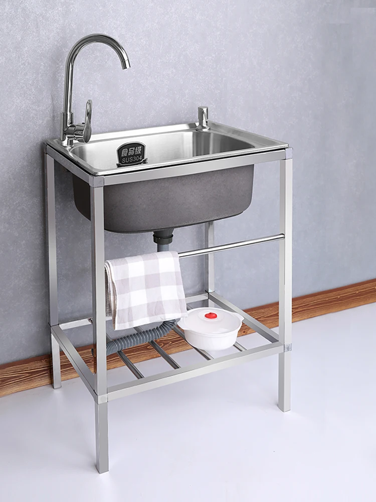 Kitchen Stainless Steel Sink with Bracket Washing Basin Sink Single Large Single Basin Wash with Rack