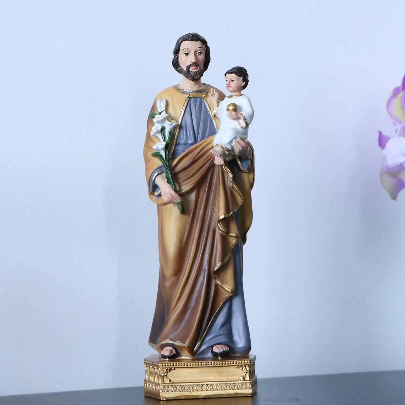St. Joseph and Child Jesus on Base Heavenly Protectors 20cm Resin and Stone Religious Gift Decoration