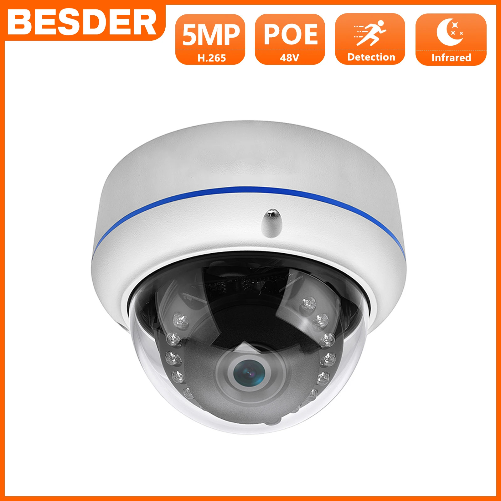 BESDER H.265 5MP 2592*1944 IP Camera Vandal-proof Surveillance Video Dome Camera CCTV H.265 5MP 3MP 2MP IP Camera DC 12V 48V PoE