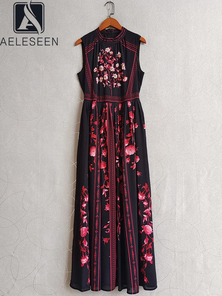 

AELESEEN Vintage Long Summer Dress Women Sleeveless Red Flower Print Turtleneck Crystal Beading Casual Female Party Holiday