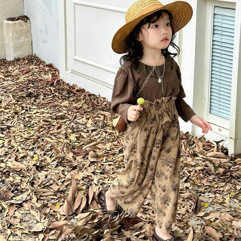 

Girls Set Pit Strip Long Sleeve Top Plus High Waist Pants Two Pieces Suits 2023 Spring and Autumn New Children Clothing