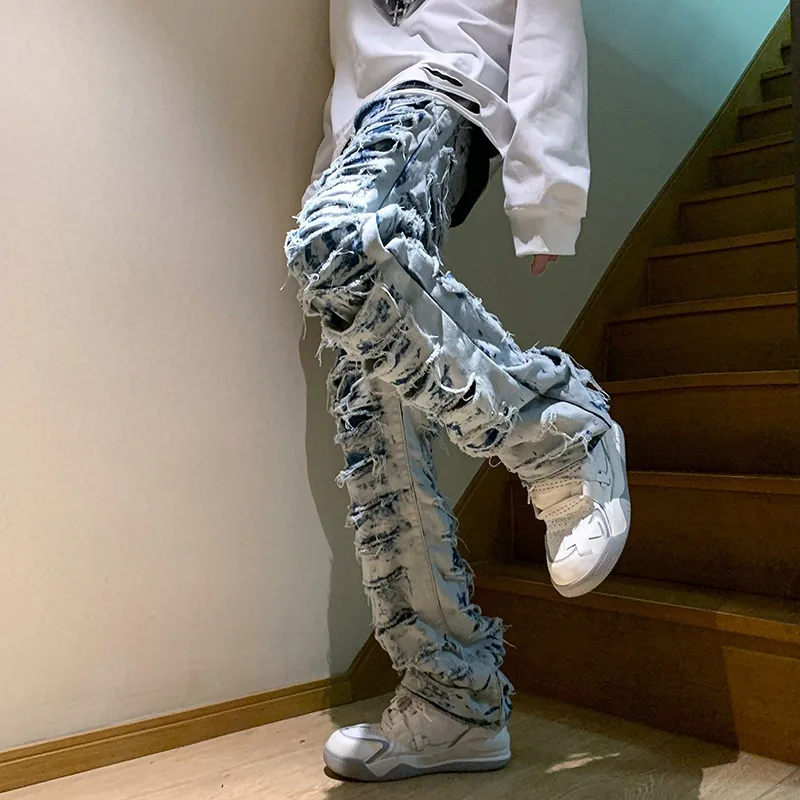 American high street erosion destroys raw edge Y2K retro jeans men\'s trendy straight tube slim flared pants foreign trade 2023