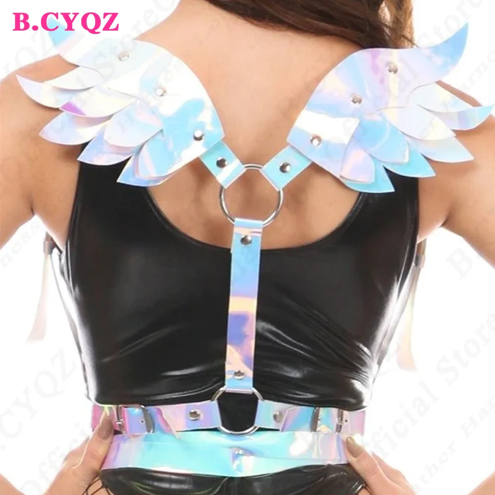 

B.CYQZ Sexy PU Leather Harness Laser Angel Wing Waist Belt Garter Women Outfit Gothic Waistband Sword Belt Harness Rave Garter