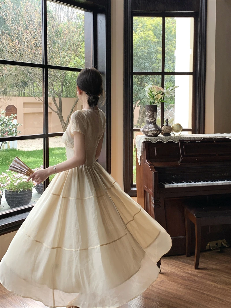 Elegant Long Dresses for Women V-neck A-line Birthday Party Dress French Casual High Waist Summer New Prom Retro Vestidos Mujer