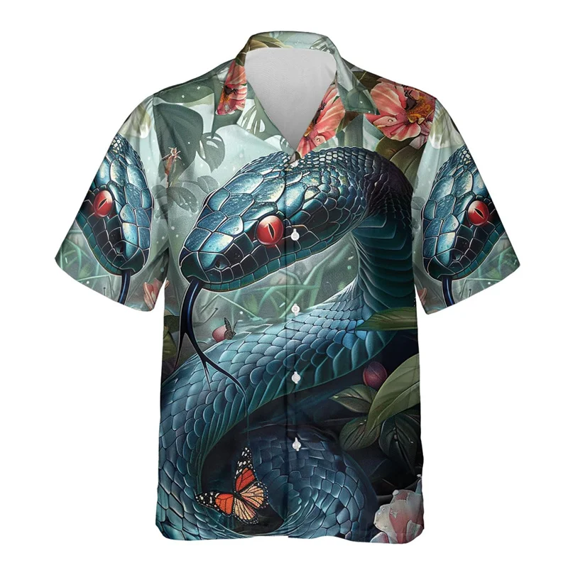 thumbnail image 1 of Camisa hawaiana con estampado de serpiente de terror para hombre, divertida camisa hawaiana con estampado 3D de serpiente, blusas casuales de verano de manga corta con solapa, 1 of 5