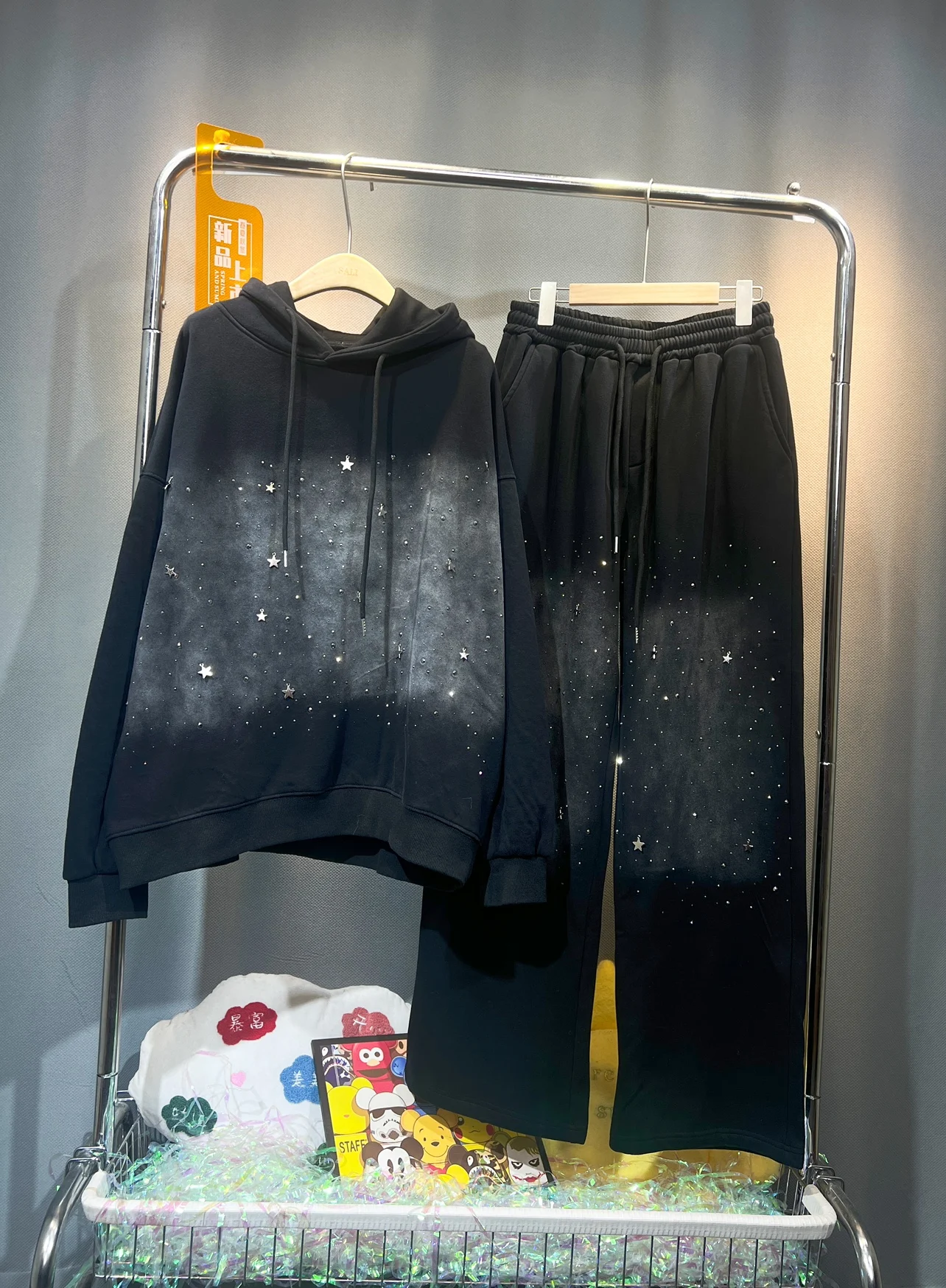 

Gradient Tie Dyeing Women Two-piece Sets Thicken Fleece Hot Drilling Hooded Pullovers Hoodie Top + Diamonds Casual Pants Suits