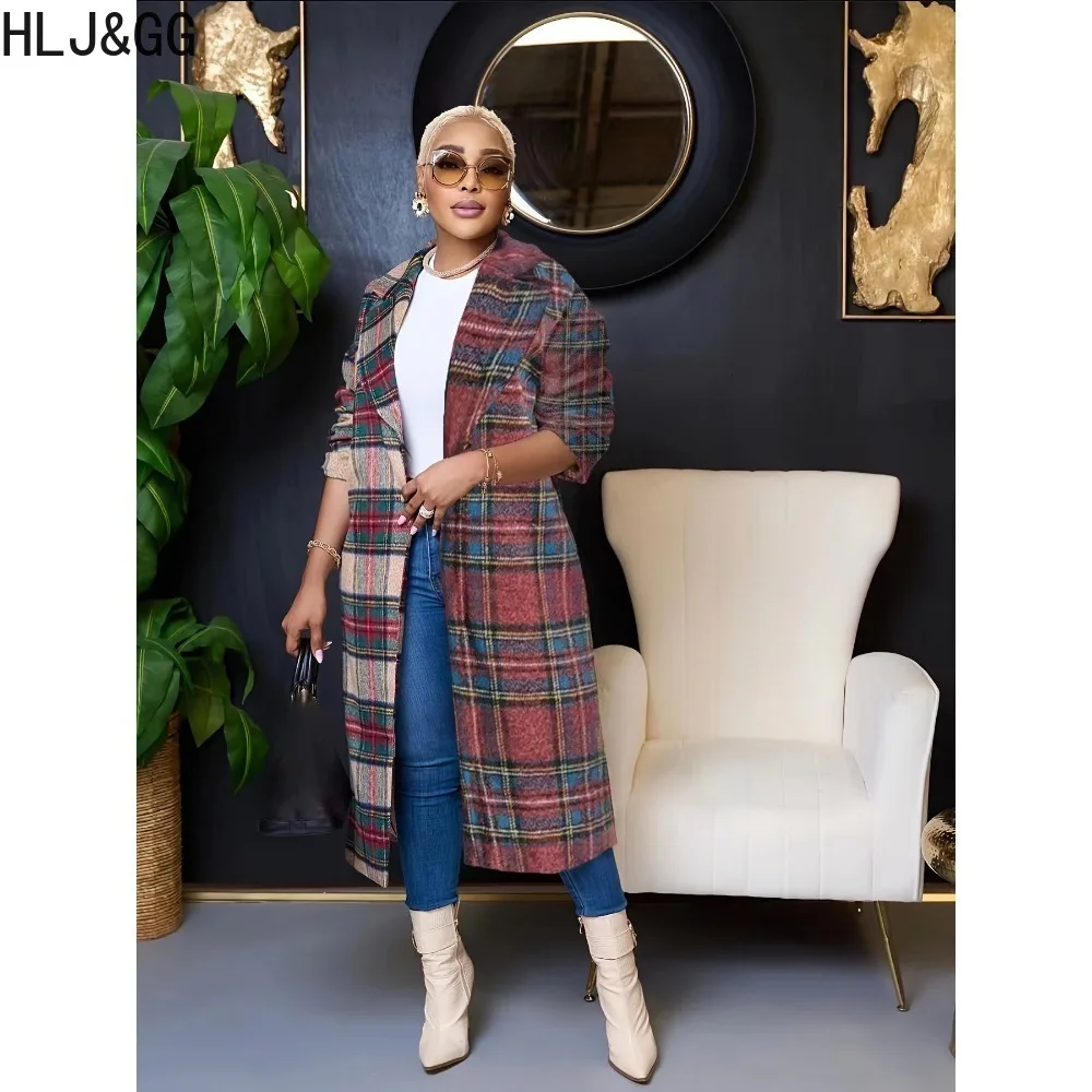 HLJ&GG Autumn Winter Casual Plaid Printing Overcoat Women Turndown Collar Long Sleeve Loose Coat Female Straight Tops Streetwear