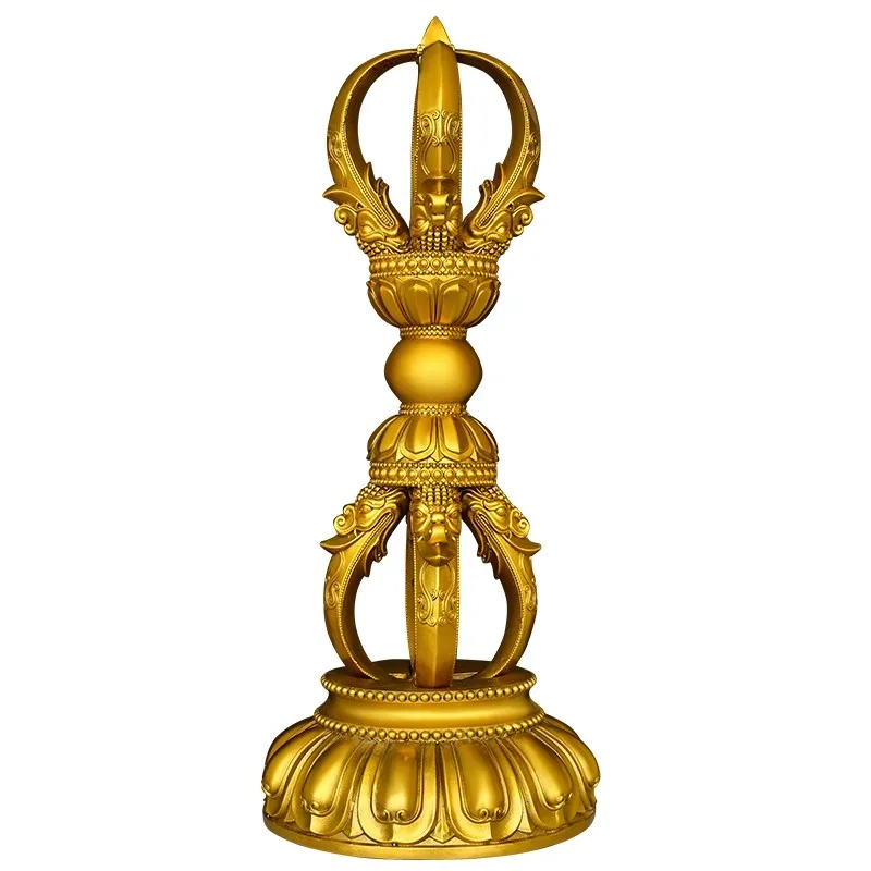 Pure Brass Vajra Dorje Statue with Base, Authentic Tibetan Five-Spoked Ritual Scepter, Buddhist Dharma Implements Home Decor