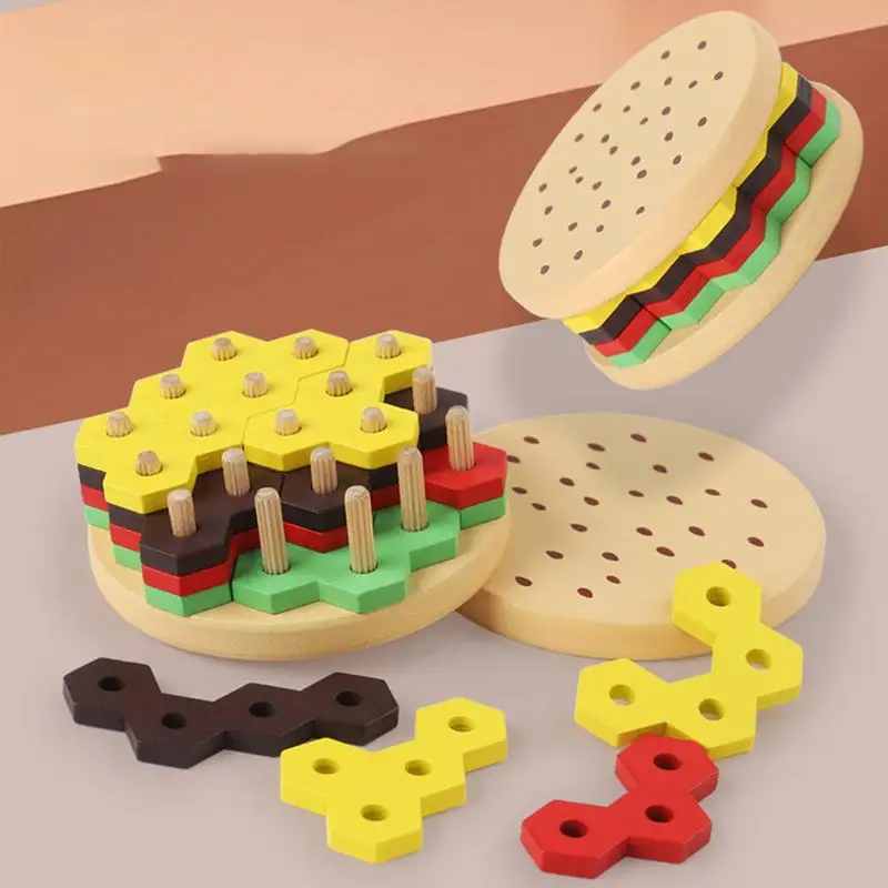 Hamburger Stacker Toy Wooden Educational Fine Motor Play Fake Food Toy Early Development Stacking Activity For Toddler