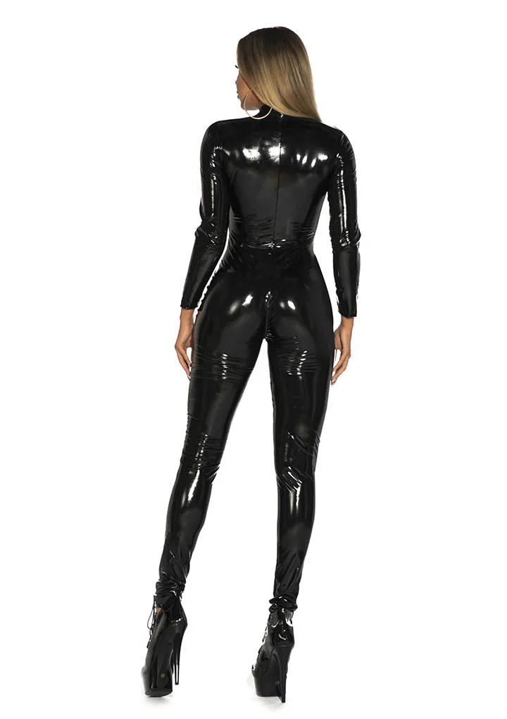 S-5XL Ladies Shinny Faux Leather Overall Body Suit Halloween Women PU Long Sleeve Front Zipper Jumpsuit Cosplay Costumes