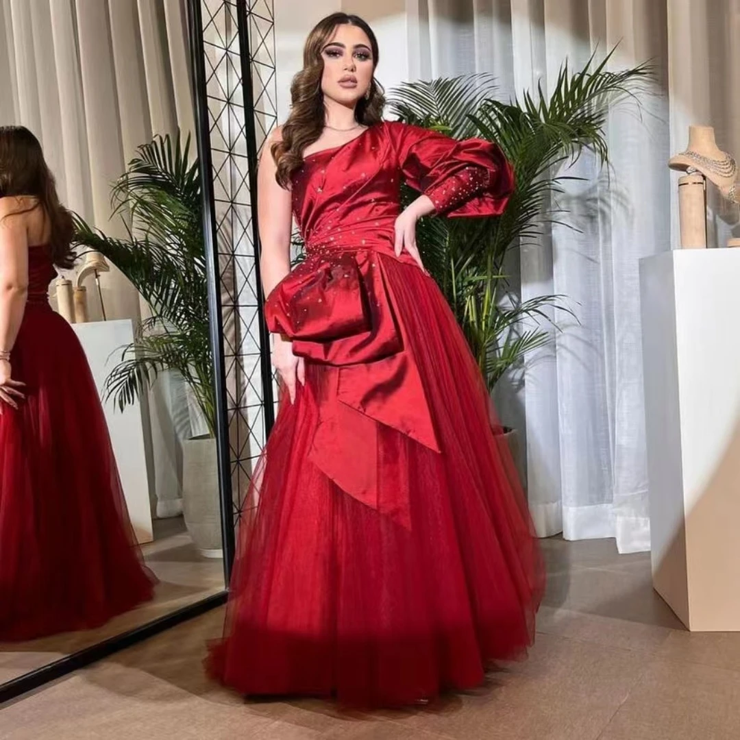 

Lovestory Burgundy A Line Long Prom Dress Ruched Beaded One Shoulder Long Sleeve Formal Party Saudi Arabia Women Wear Gowns