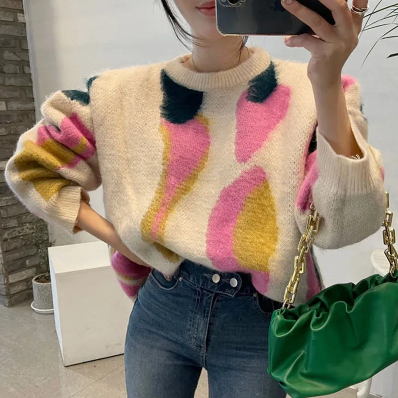 

Pinkou Women Stylish Print Pullover Loose Style Long Sleeve Warm Sweaters Chic Autumn Spring Outwear Tops HA05