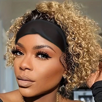 Human Hair Pixie Cut Wig Short Bob Curly Wig with Headband Water Wave Deep Curly Human Hair Wig For Women Machine Made Wig