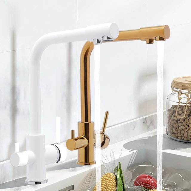 Rubinetto da cucina a 3 vie bianco/oro Rubinetto da appoggio in acciaio inossidabile adatto per case, ristoranti, hotel, cucine 1