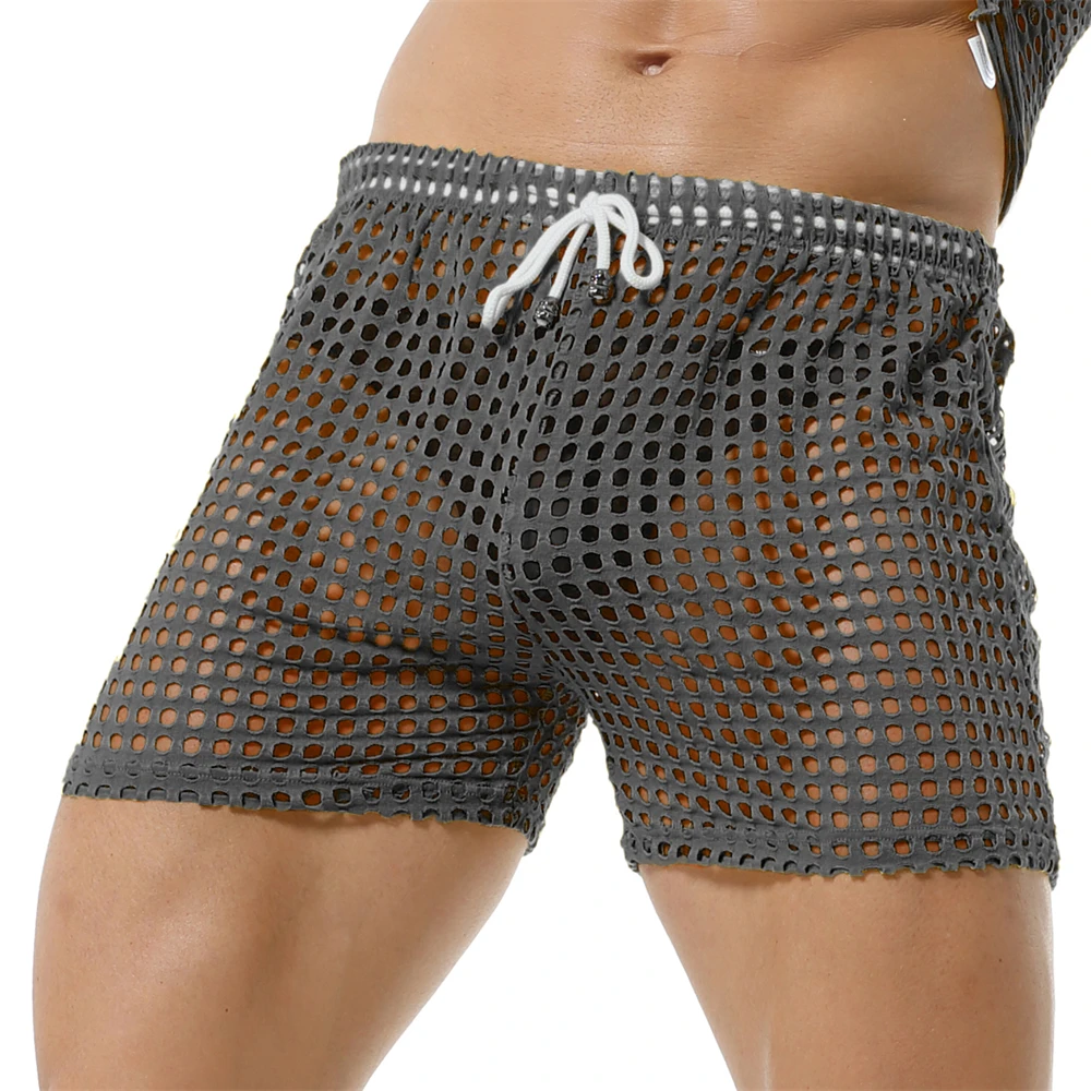Breathable Mens Sexy Mesh Fishnet Causal Shorts Loose Men Hollow Out Beach Bikini Swim Trunks Drawstring Sport Gym Lounge Shorts 5