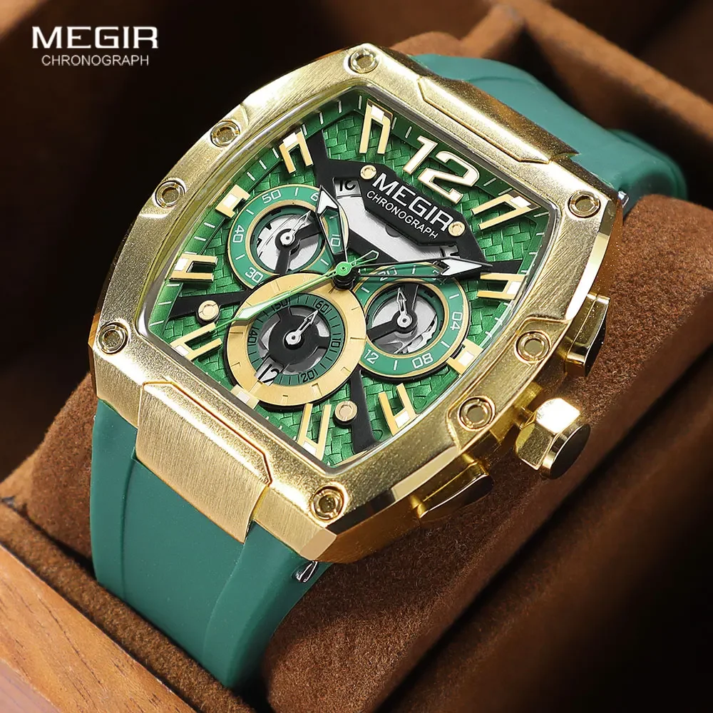 

MEGIR Fashion Sport Tonneau Dial Quartz Watch Men Chronograph Waterproof Wristwatch with Auto Date Luminous Hands Silicone Strap