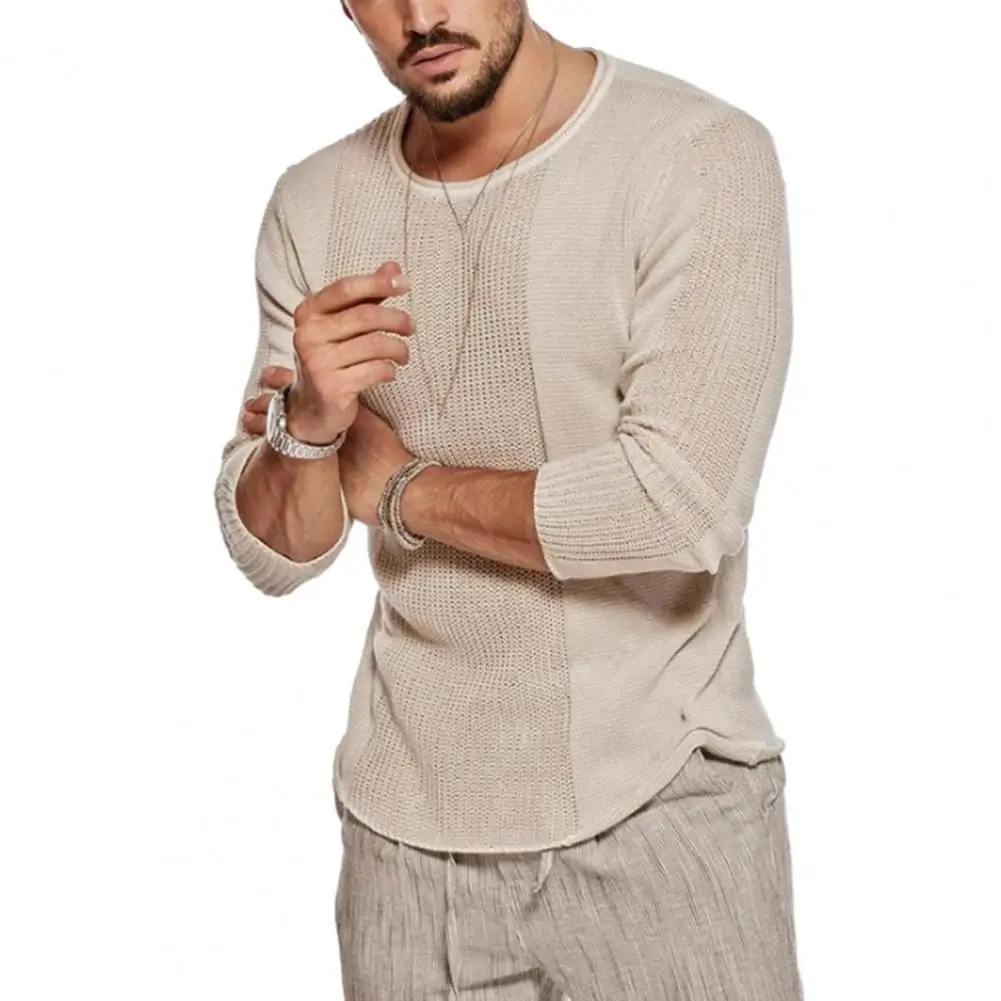 

Autumn Winter Men Sweaters Solid Color Knitting Sweater O-neck Long Sleeve Hollow Out Stitching Pullover Tops Men Streetwear