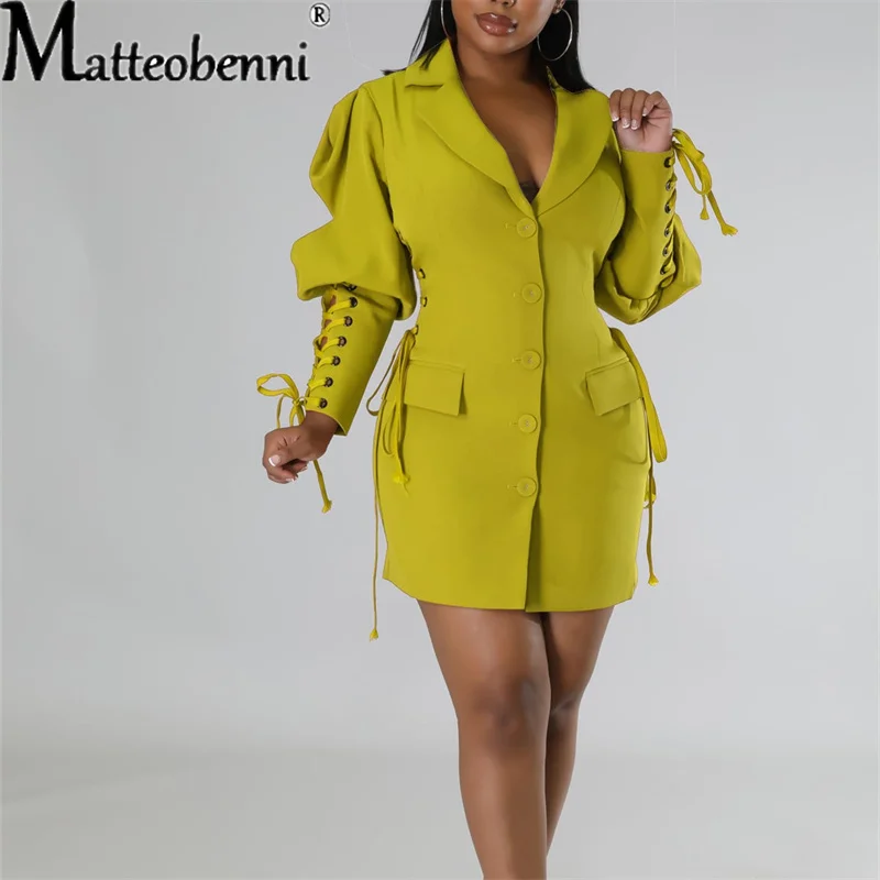 

Women's Puff Sleeve Lace-up Dress Fashion Autumn Commuter Office Ladies Dresses Elegant Suit Collar Mid Waist Cotton Short Skirt