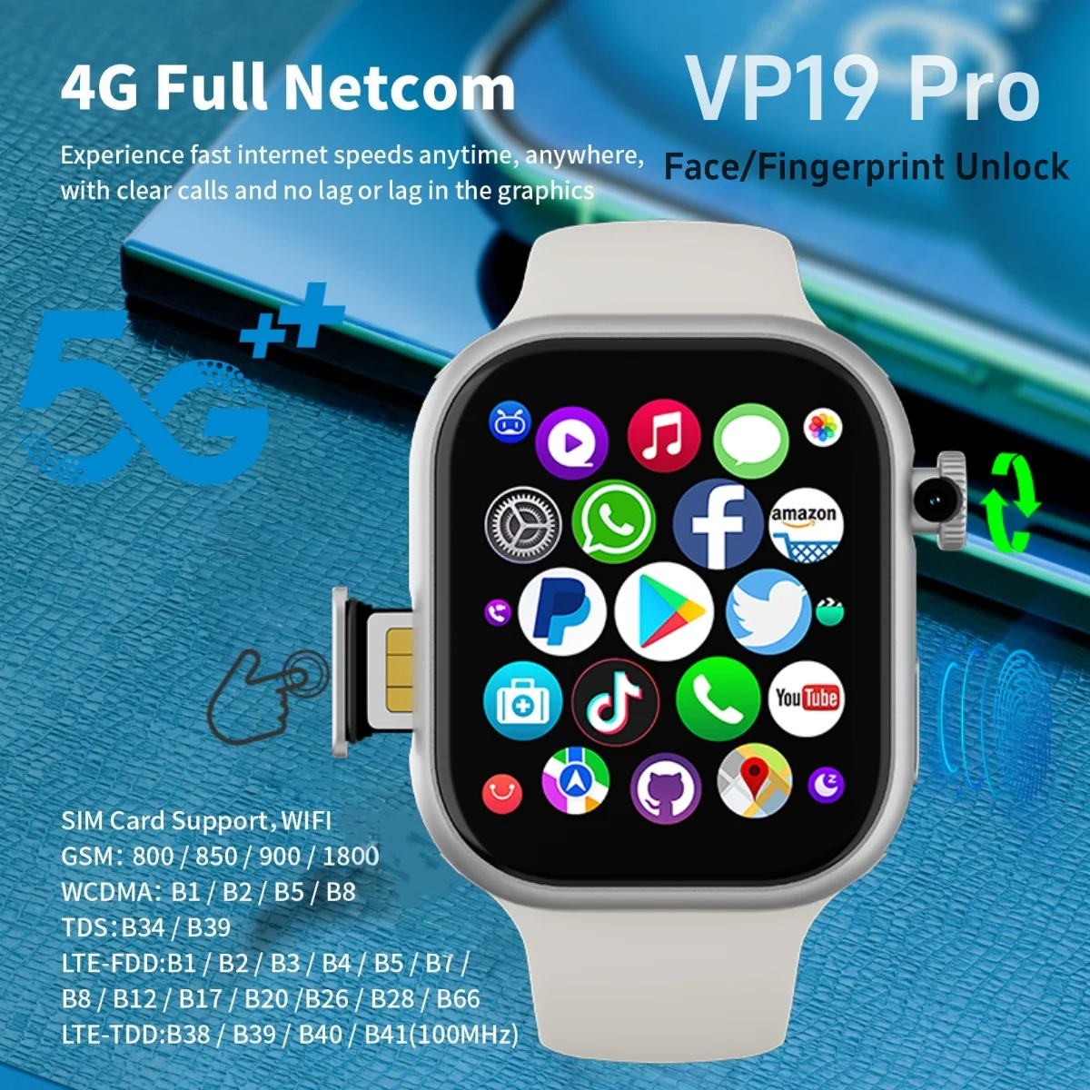 VP19 Pro Android Touch ID 5G Smartwatch 1580Mah Battery Smartwatch With 800W Pull-out Camera Free Download APP WIFI GPS Amoled 1
