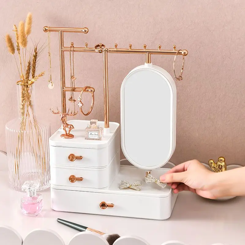 Jewelry Shelf Stand Holder with Mirror Home Dressing Table Dresser Drawers For Earrings Display Rack Necklace Organizer Storage