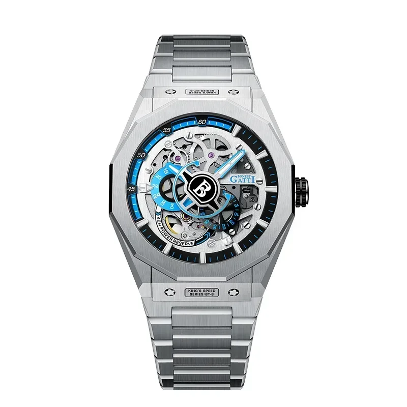 BONEST GATTI Men's fully automatic hollow mechanical watch, speed dial, steel strip, waterproof and luminous