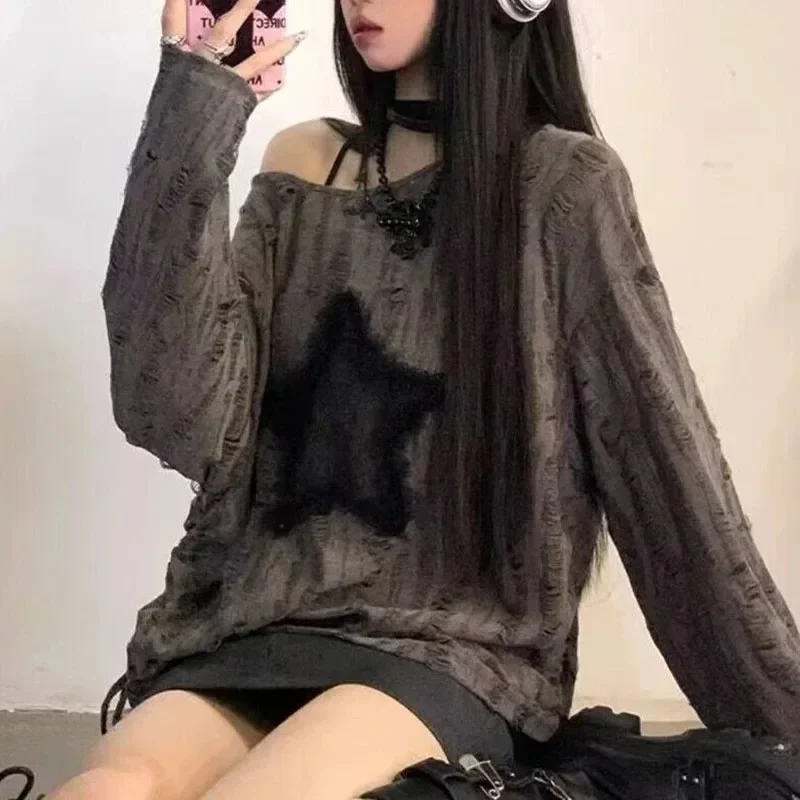 Y2K Emo Vintage Women Korean Streetwear Off Shoulder Acubi Star