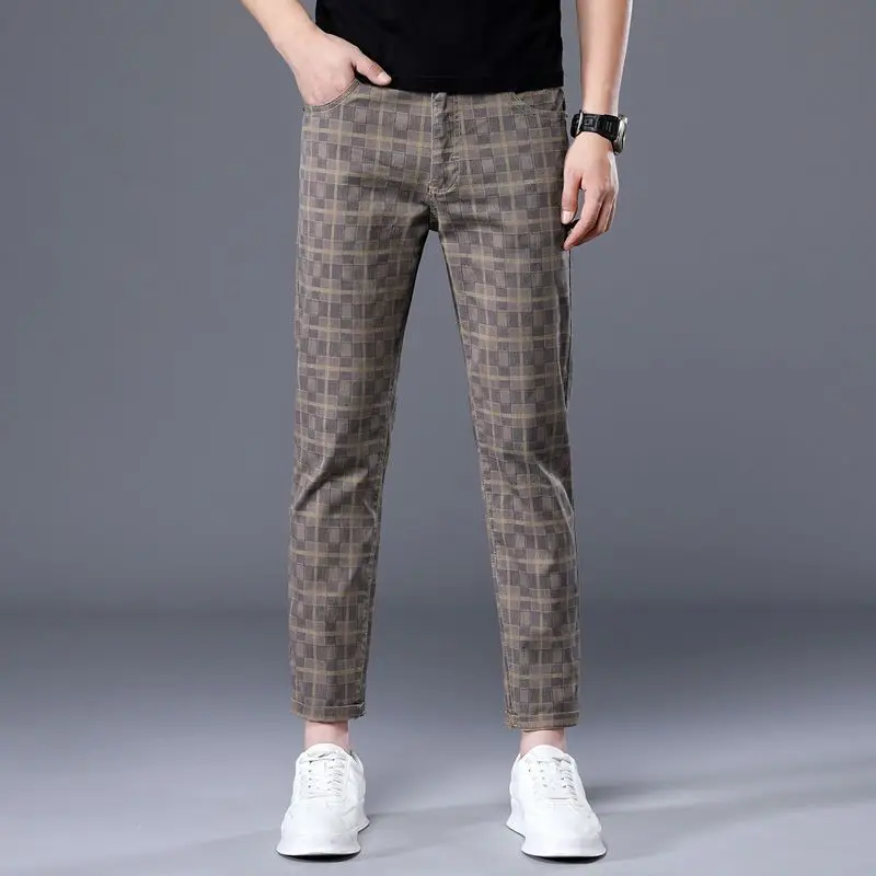 Fashion Trend Summer New Korean Cotton Straight Casual Pants Men's Printed Button Zipper Pocket Summer Plaid Breathable Trousers