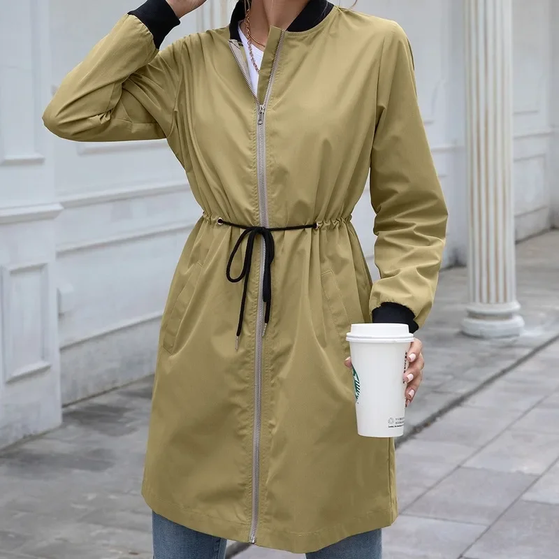 Autumn and Winter Long Sleeve Stand Collar Cardigan Outdoor Dustproof Jacket Pocket Drawstring Waterproof Mid-length Windbreaker