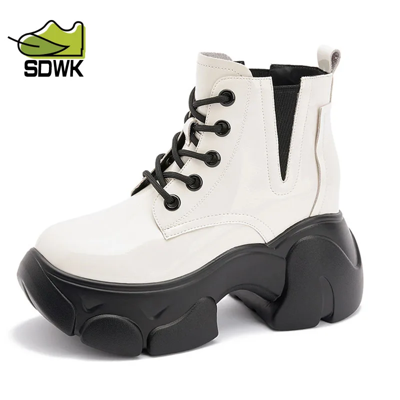 

SDWK 8.5cm Patent PU Women Microfiber Wedge Ankle Knee High Boot Ethnic Platform Autumn Hidden Heel Spring Elastic 2023 Shoes