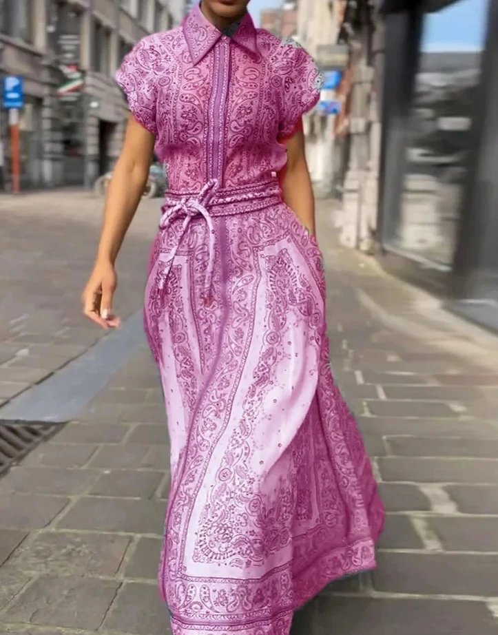 Summer Fashionable Women's New Dress with A Lapel Cashew Flower Print Waist Tie Two Piece Set of Retro Comfortable Dress