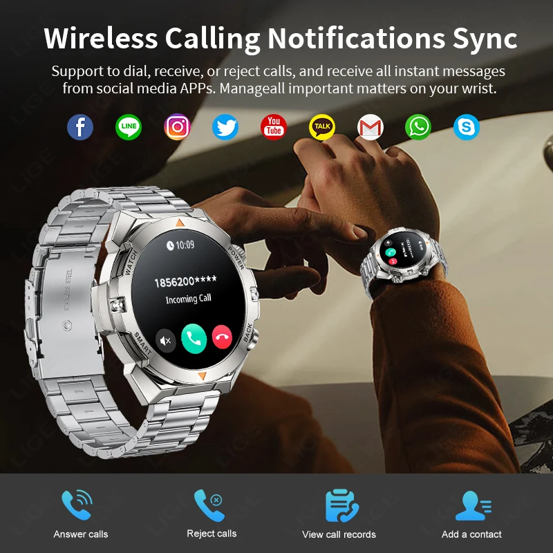 LIGE Ʈ ġ  1.46 HD ũ  ȭ  IP68  ɹڼ   ƮϽ ƮĿ SmartWatch