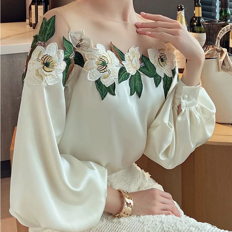 New Autumn Women's Mesh Off-Shoulder Printing Decorative Women's Long Sleeve Shirt Elegant Lantern Sleeve Crew Neck Blouse 24976