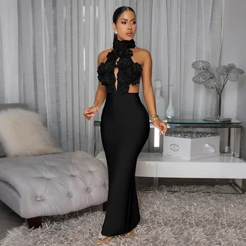 HBLL Sexy Halter 3D Flower Hollow Out Backless Long Dress Women Sleeveless Maxi Dresses Elegant Evening Party Birthday Outfits 1