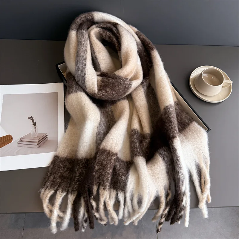Neck Warmer Scarf For Women Winter Thickened Tassel Pashmina Shawl Faux Cashmere Warps Autumn Rainbow Plaid Elegant Blanket