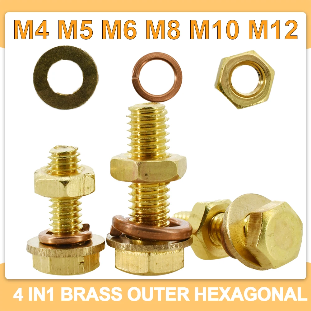 

Brass Hexagon Outer External Machine Bolt Metric Thread Cap Hex Copper Screw Hex Nut Flat Washer Set M4 M5 M6 M8 M10 M12